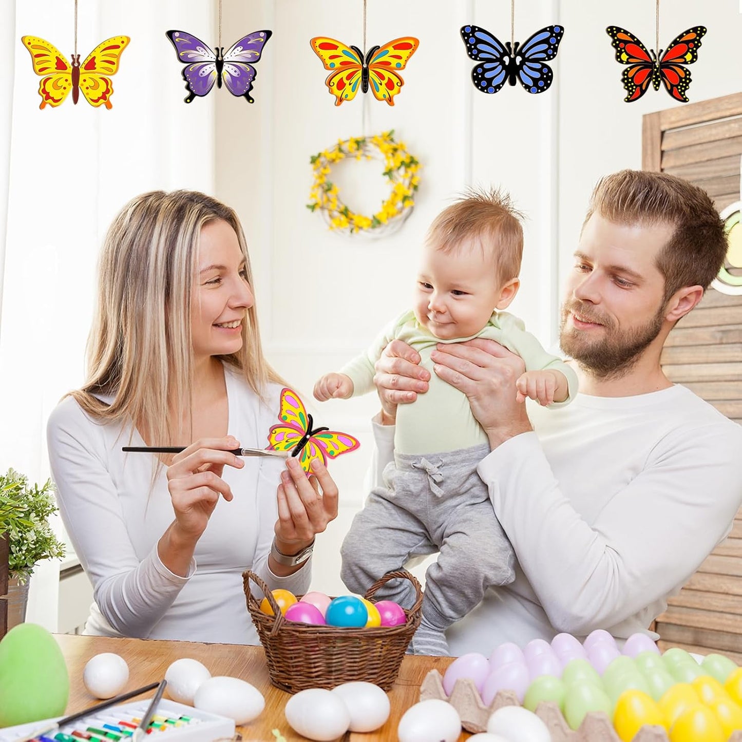 80PCS Wooden Spring Ornaments to Paint Butterfly Cutouts, 8 Styles DIY Blank Unfinished Wood Butterfly Cutouts Ornament for Home Crafts Hanging Decorations