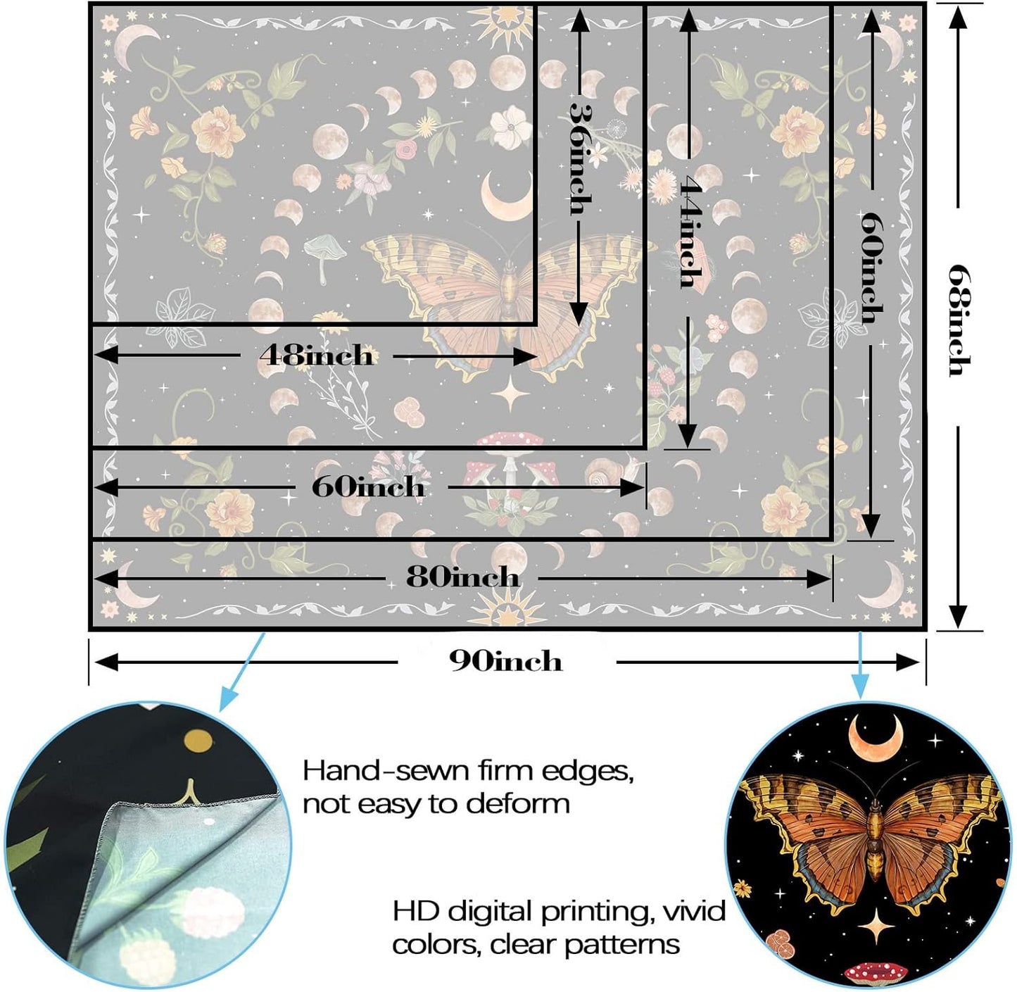 Aipon Orange Butterfly Moon Flower Tapestry Botanical Floral Plant Boho Tapestry for Bedroom Aesthetic Vintage Tapestries Wall Hanging for Living Room Dorm (36.00" x 48.00", Orange)