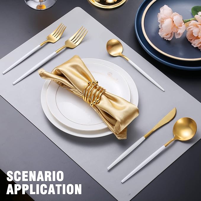 Matte White Gold Silverware Set for 6,Modern Stainless Steel Brushed Cutlery Set,30-Pieces Heavy Duty Flatware Set,Knives Spoons and Forks Set Utensils Set, Satin Finish, Dishwasher Safe