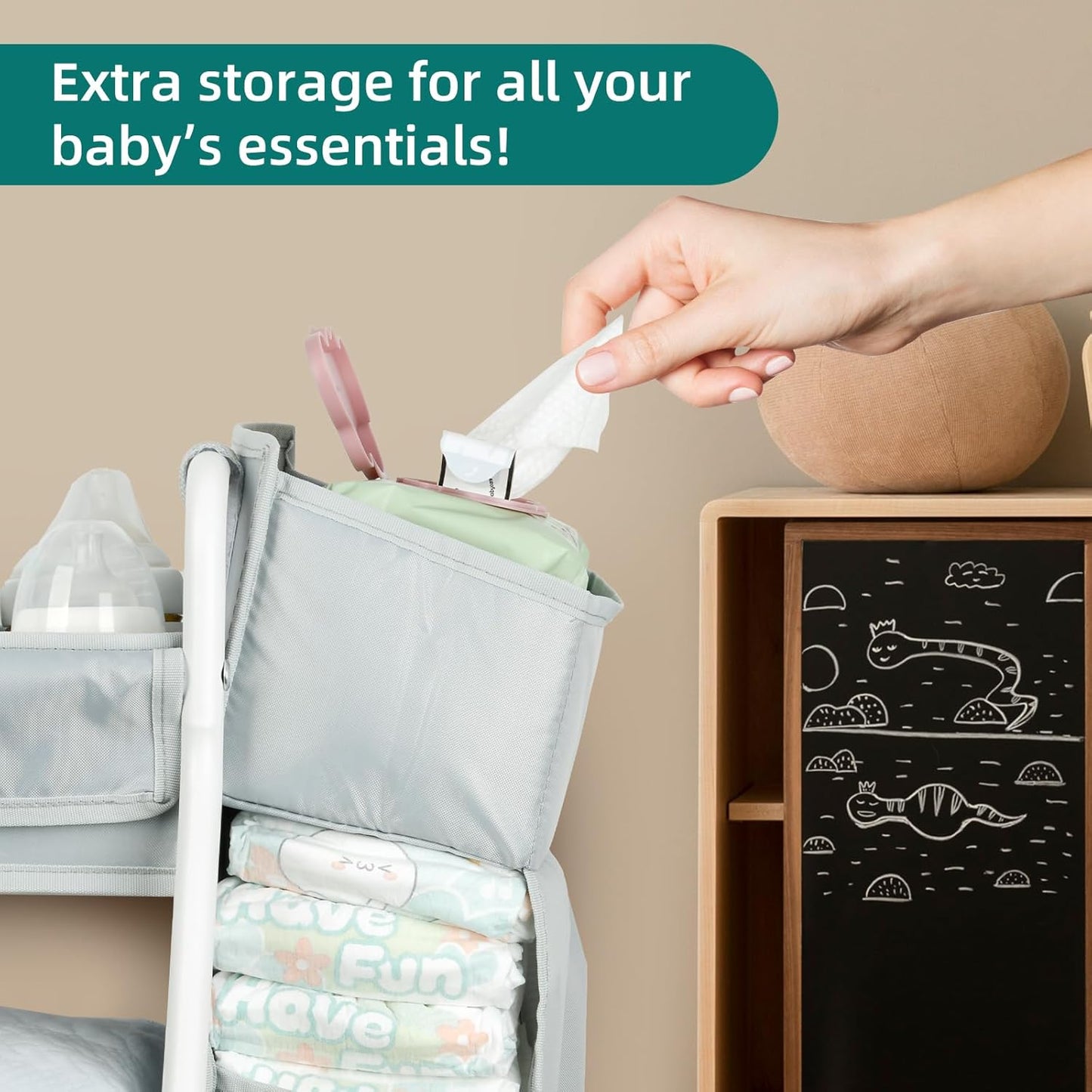 Moteph Rolling Utility Cart with Side Storage - Diaper Organizer, Nursery Essentials, and Craft Organizer (with_Side_Storage)