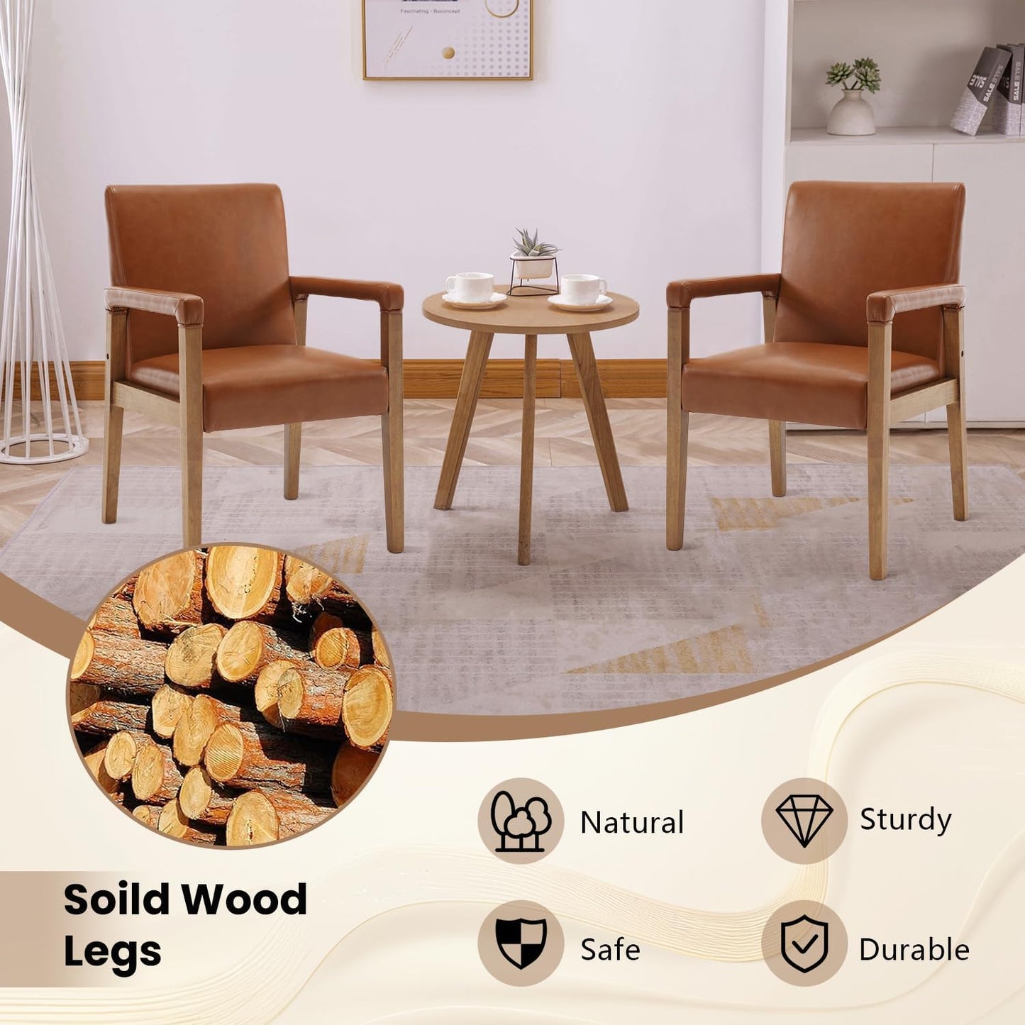 Kmax Modern Dining Chairs Set of 2 Faux Leather Kitchen Arm Chairs Upholstered Accent Chairs with Wooden Legs for Dining Room, Living Room, Bedroom, Brown