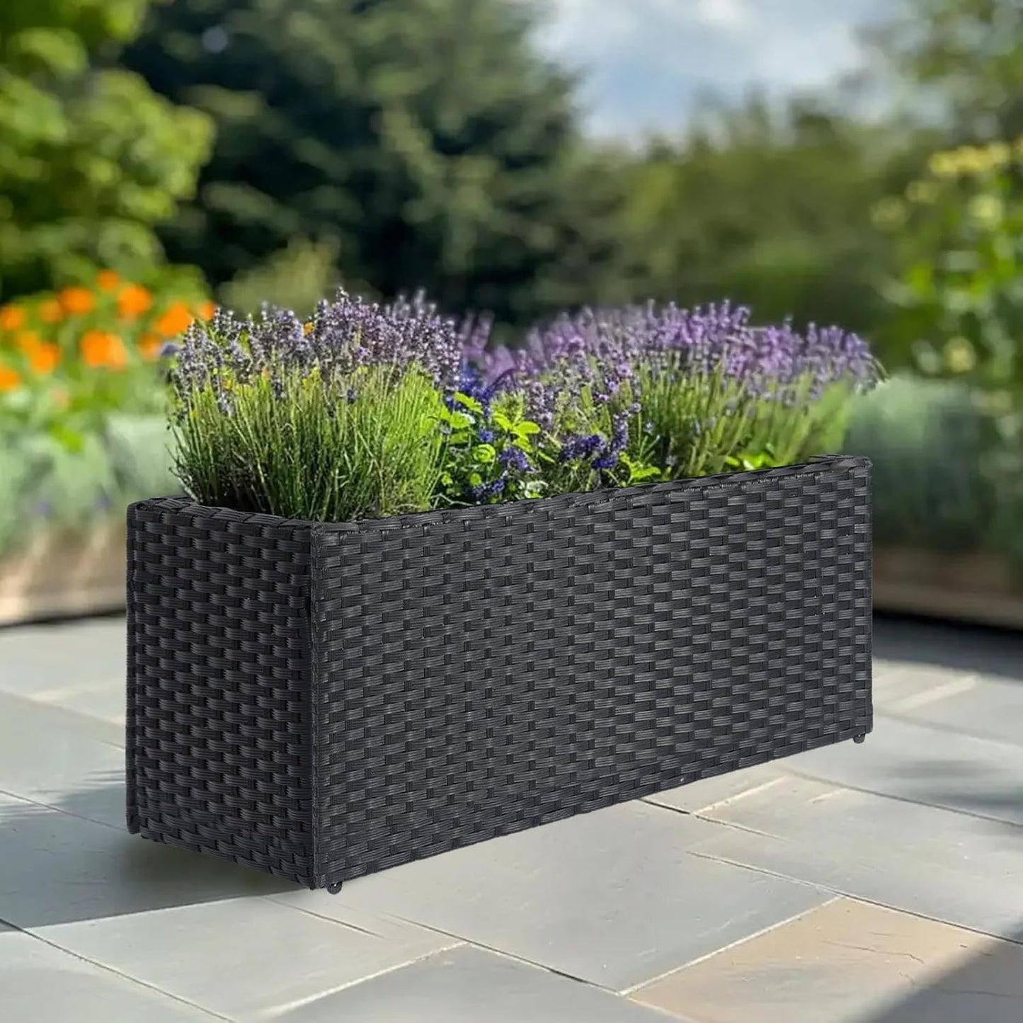 LEWIS&WAYNE Large Rectangular Block Planter Box Handmade Wicker Tall Planters for Outdoor Plants with Removable Liners Modern Planter for Indoor Outdoor Patio Deck - Black, 36''x12''x16''
