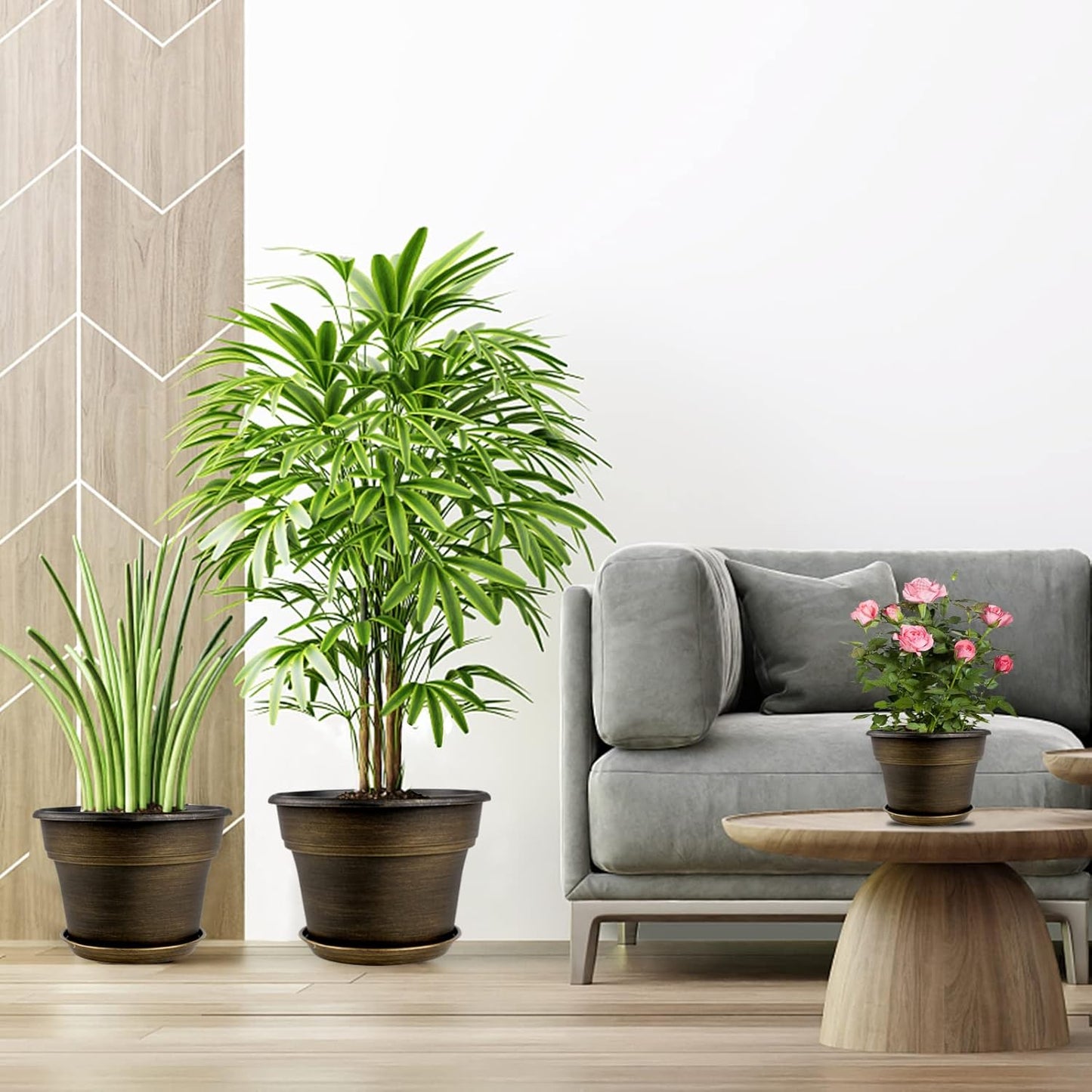 Plant Planters Pots Set of 4 Pack 8 Inch, Plastic Flower Pot for Indoor Plants with Drainage Holes & Trays, Resin Decorative Container Sets with Saucer for House Outdoor Garden Planters Dark Gold