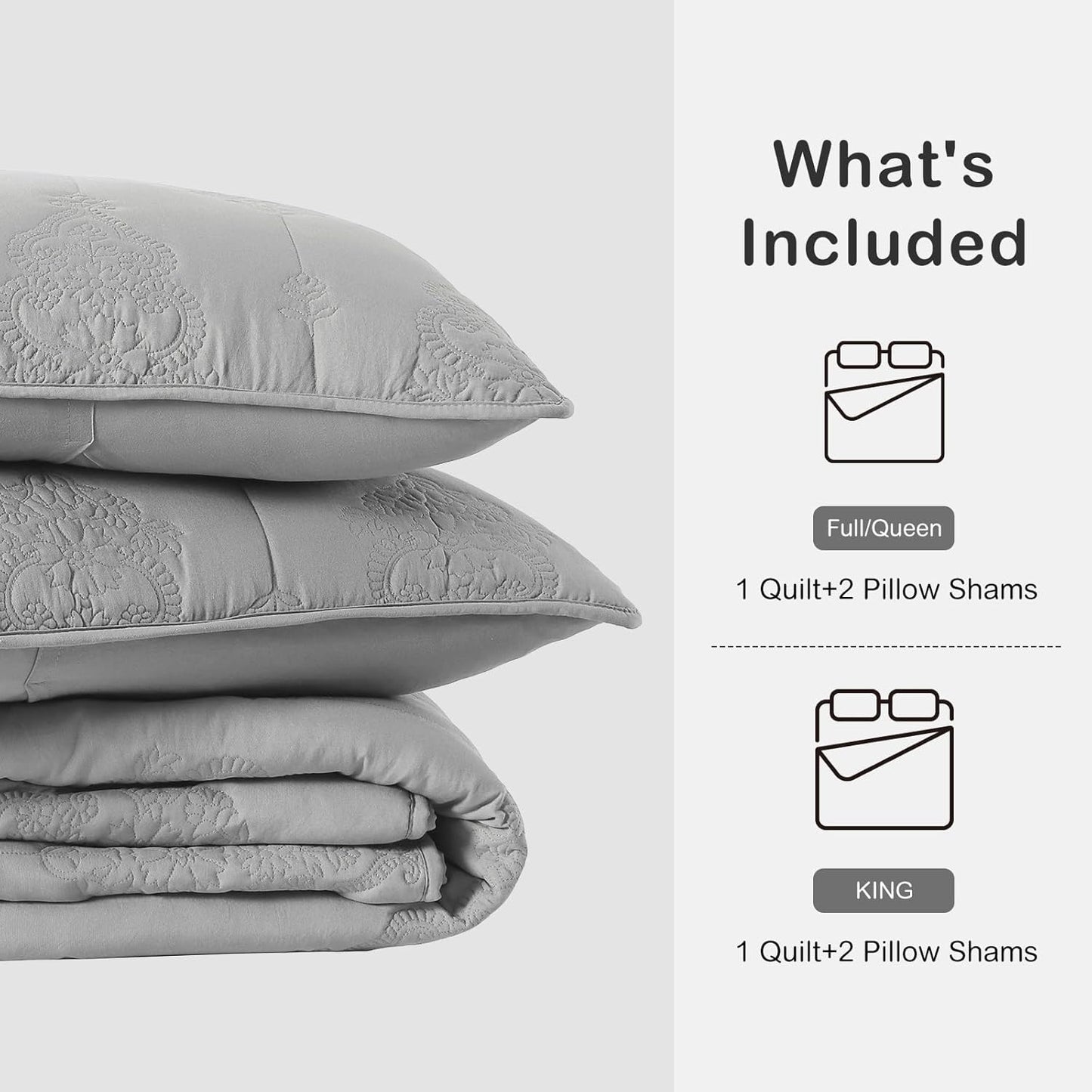 HORIMOTE HOME Grey Quilt Queen Size Floral Quilt Bedspread Lightweight Soft Pre-Washed Microfiber Bedcover, 3 Pieces Thin Comforter Bed Cover Bedding Set for All Season