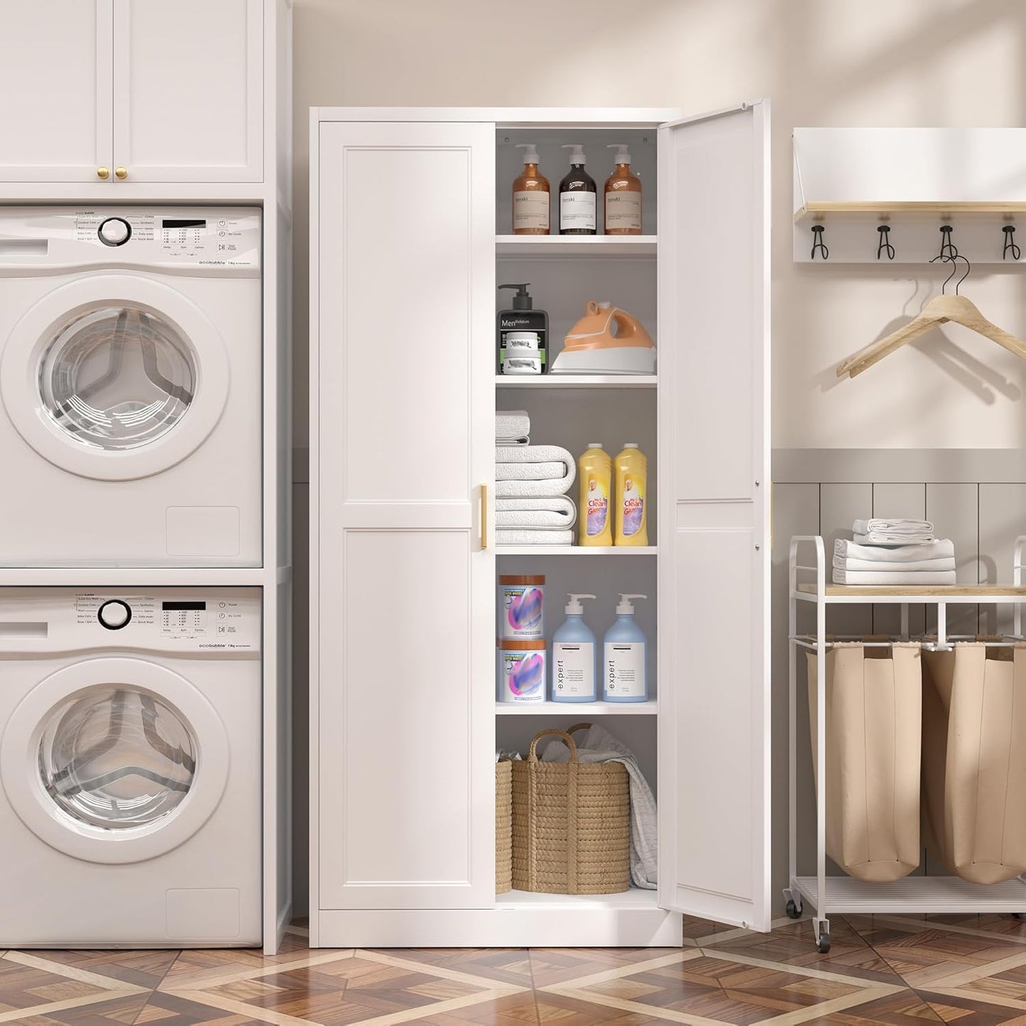 Kitchen Pantry Cabinet,71”White Metal Pantry Storage Cabinet with Doors and 4 Adjustable Shelves,Kitchen Cabinet with 2 Gold Handles,Tall Cabinet for Livingroom,Pantry, Bathroom,Kitchen