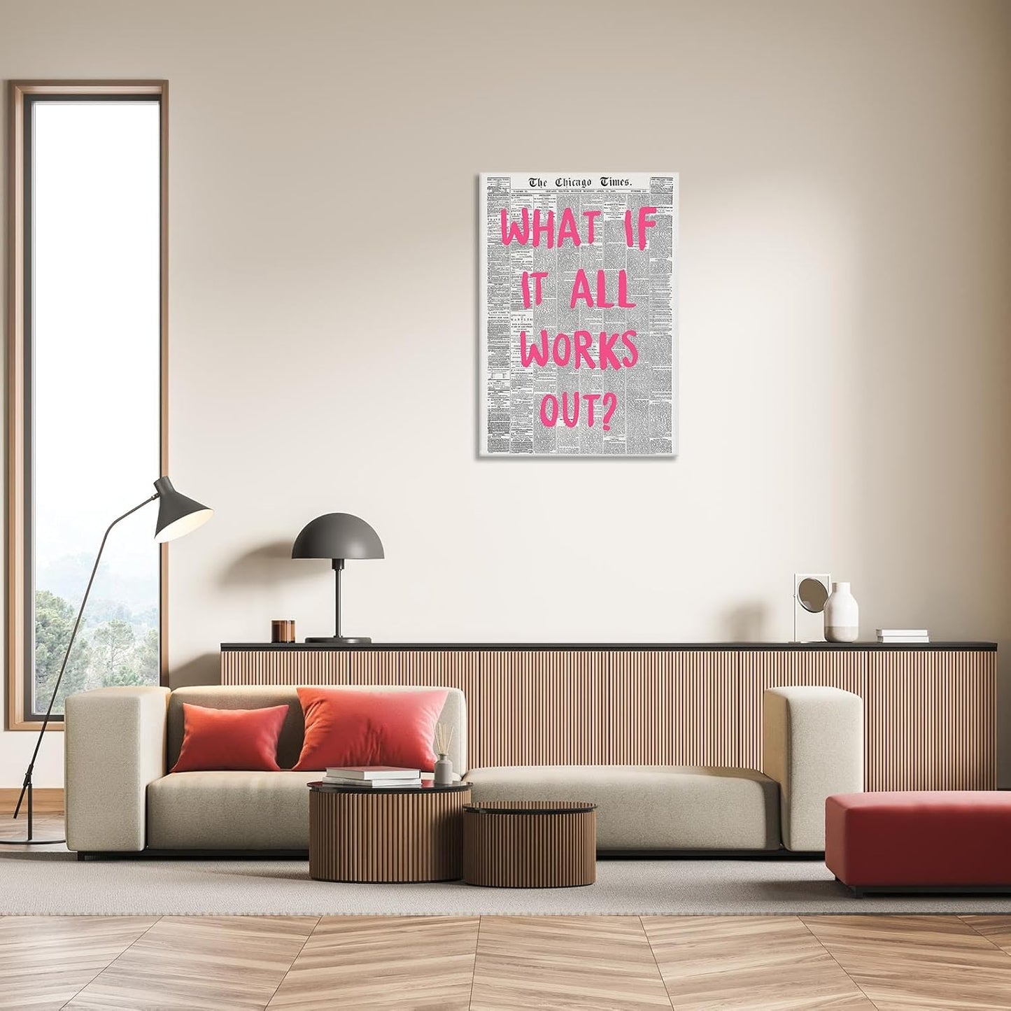 Liyark Retro Trendy Newspaper Canvas Wall Art 'What If All Works Out' Poster - Positive Affirmation Quote - Pink Font - Minimalist Home Decor - Framed 12x16in