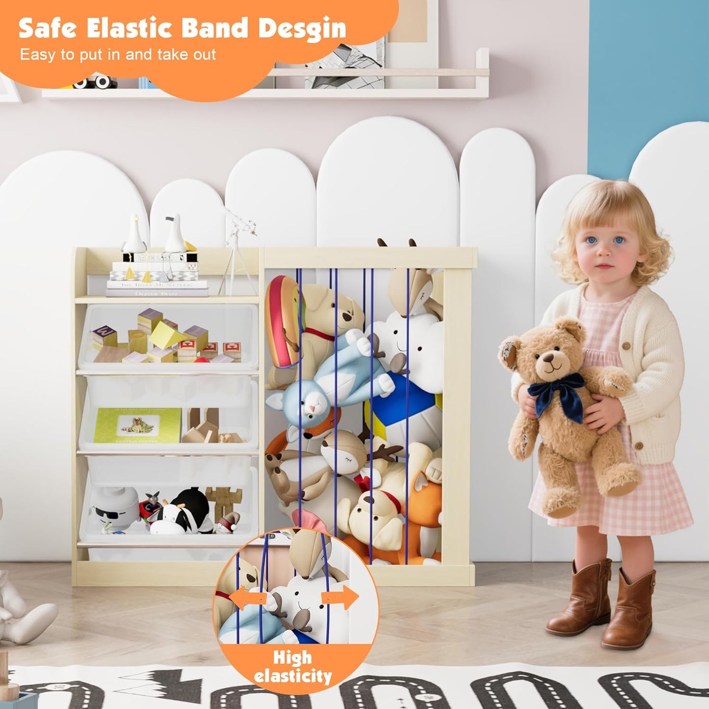 Kids Toy Storage Organizer with 3 Removable Plastic Bins Toddler Montessori Bookshelf with Stuffed Animal Net Holder Baby Bookcase Plush Organizer for Playroom, Bedroom,,Kids Room,Classroom,Nursery