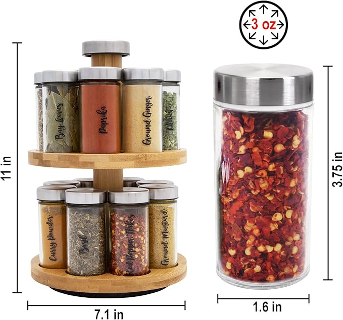 Orii 16 Jar Spice Rack with Spices Included - Rotating Countertop 2 Tier Tower Organizer for Kitchen Spices and Seasonings, (Bamboo Wood)