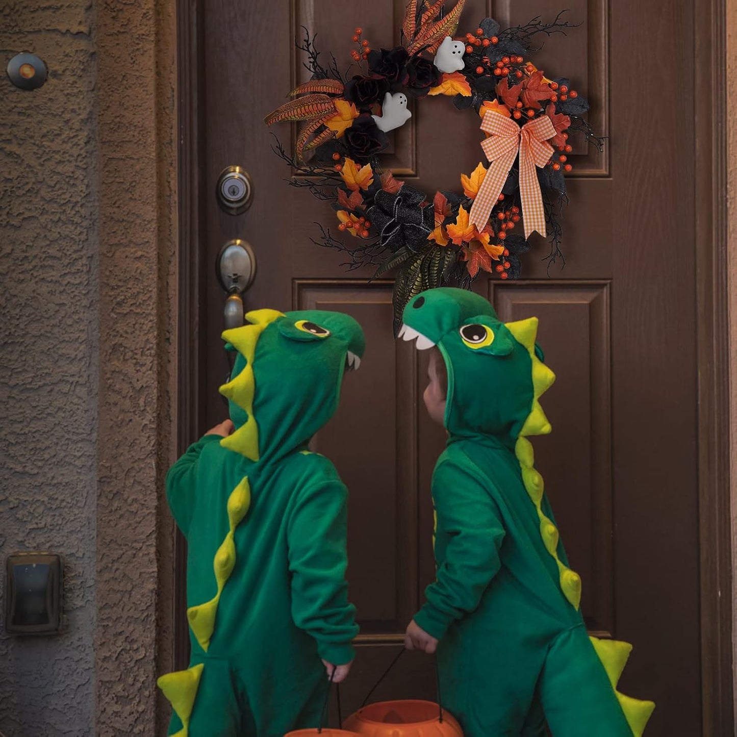 Adeeing 26 Inch Halloween Wreaths for Front Door, Halloween Decorations Ghost Wreath with Feathers Artificial Black Rose and Ribbon for Indoor Outdoor Home Party Decor