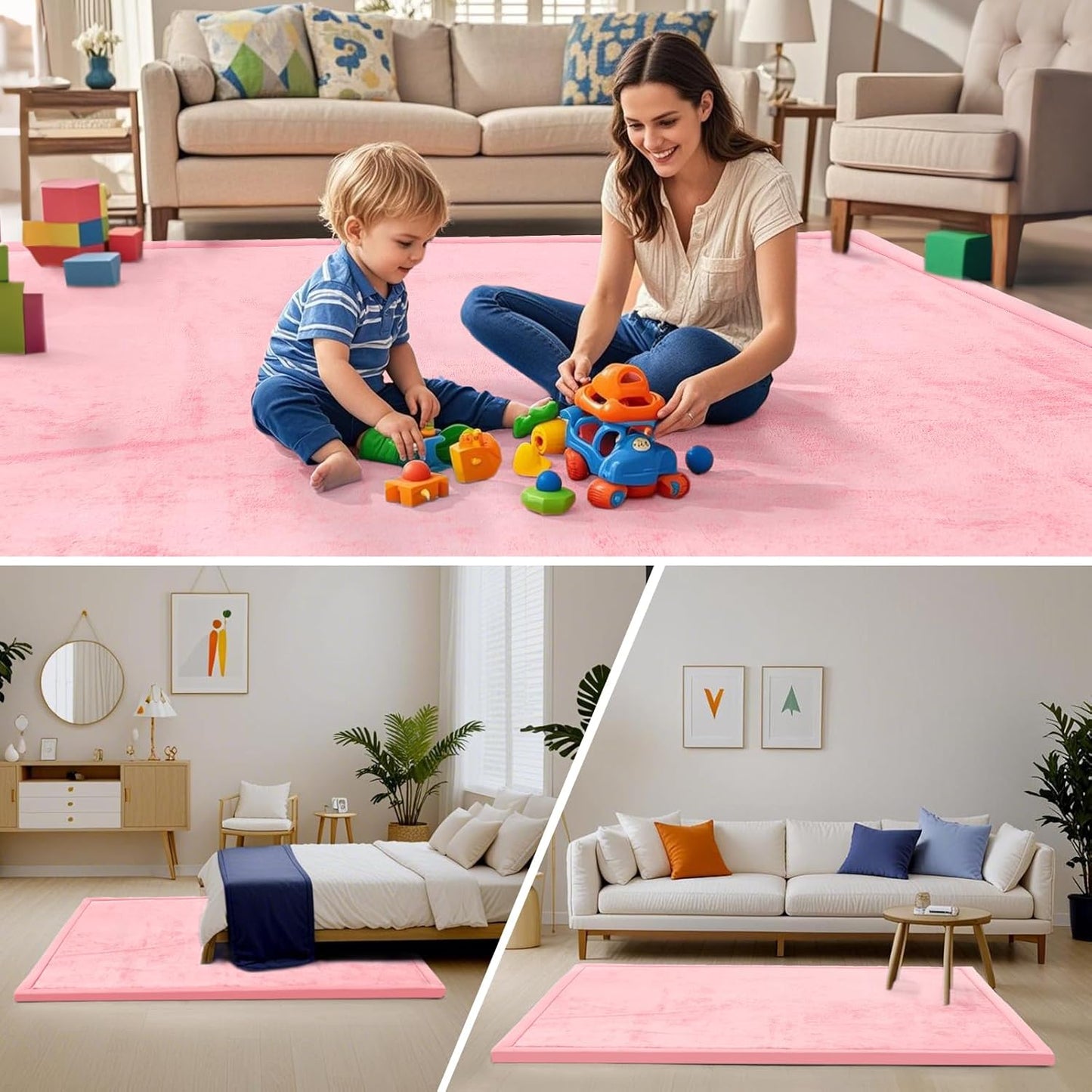 ACOMOPACK Baby Play Mat for Floor,1.3" Thick Memory Foam Area Rug for Living Room,Soft Velvet Crawling with Non-Slip Bottom for Kid,Toddler,59"×71" Tummy Time Nursery Rugs,Yoga(Pink)