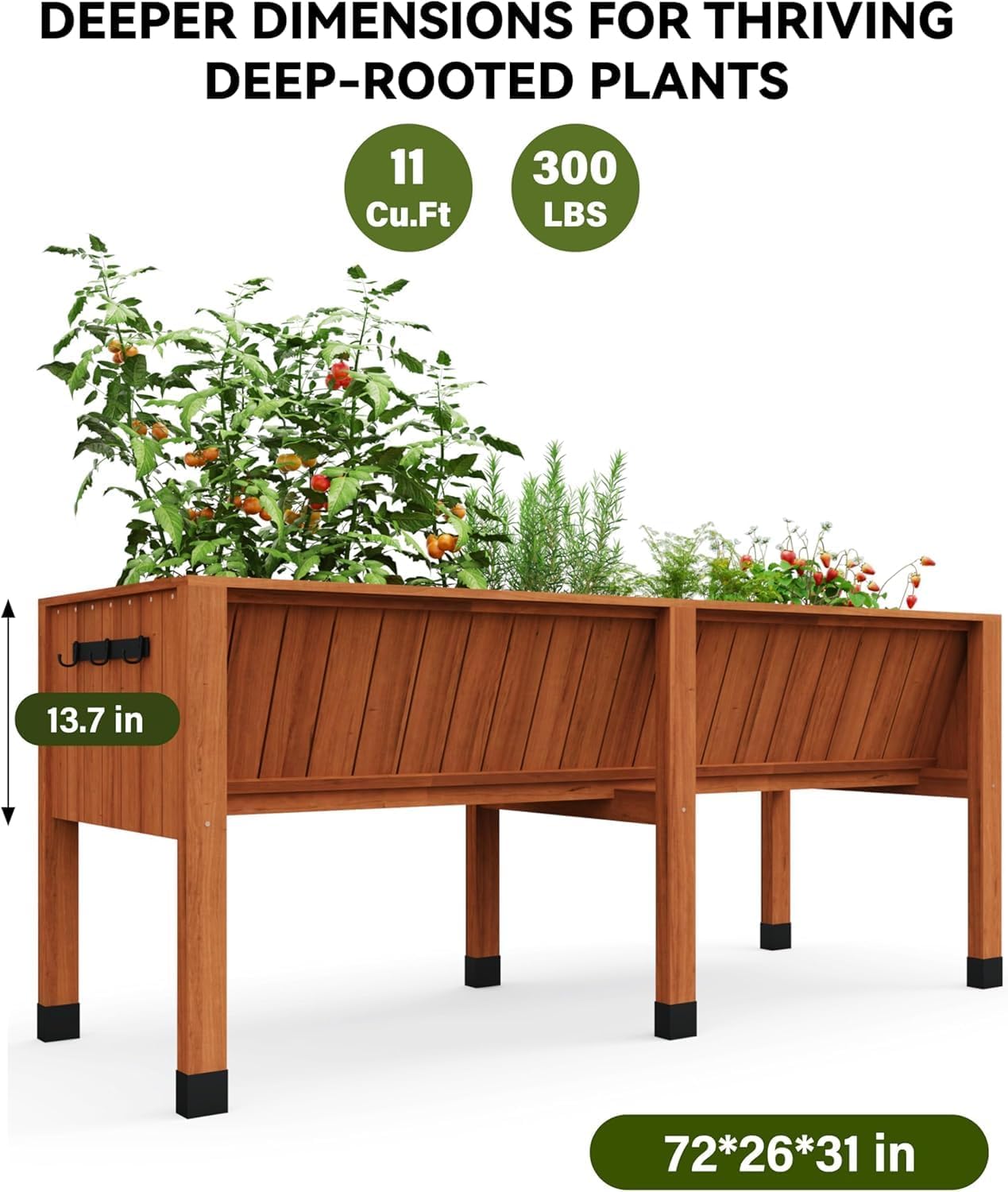 72x26x31 Inch Raised Garden Bed with Legs, 13.7In Depth Wooden Planter Box for Outdoor Growing Vegetables and Herbs, Elevated Garden Bed with Hooks for Backyard, Patio, Balcony
