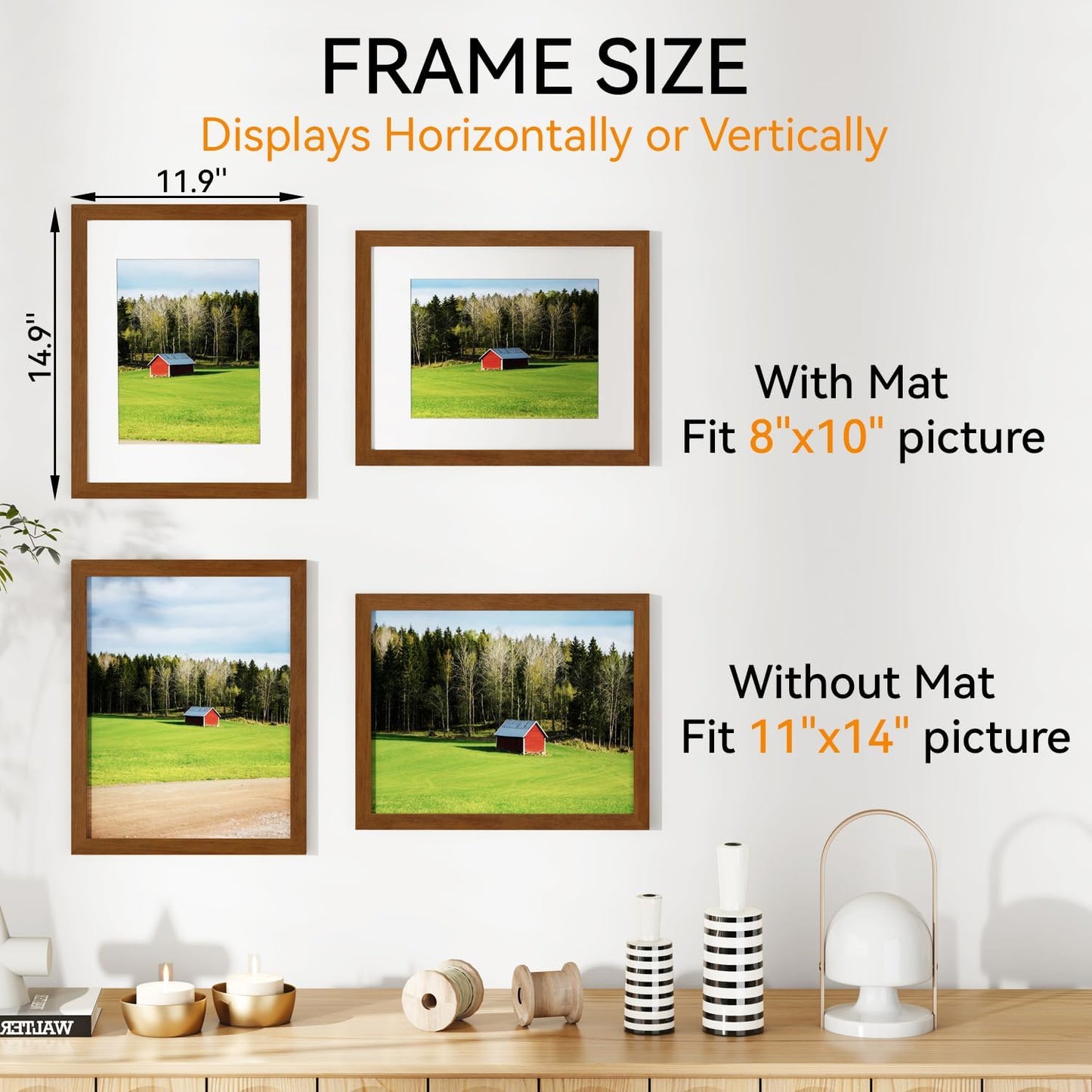 IBUYKE 11 x14 Picture Frame,Solid Oak Wood 11x14 Photo Frame with Mat to 8x10,11x14 Picture Frames With Tempered Glass,Wall Mount Display,Home Decor,Walnut Oak 14 x 11 Frame,UWPF1114H