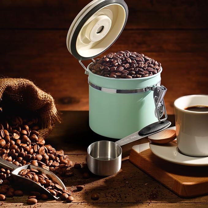 ShanSon Coffee Canister Airtight Coffee Container Stainless Steel Coffee Bean Storage Container with CO2 Release Valve and Scoop Coffee Canister for Beans,Grounds,Sugar,Flour,Tea,Cereal,11OZ,Green