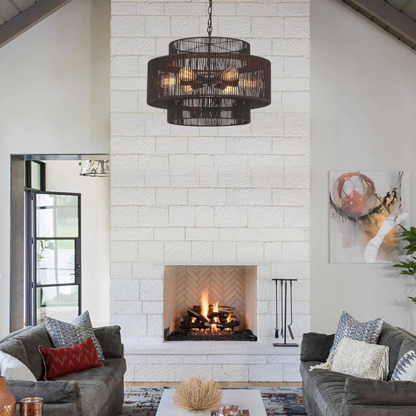 Hand-Woven Rattan Chandelier Vintage 6-Light Farmhouse Boho Bamboo Chandeliers Light Fixture 23.6" Retro 3-Tier Drum Wicker Rattan Black Chandelier for Dining Room, Kitchen Island, Bedroom