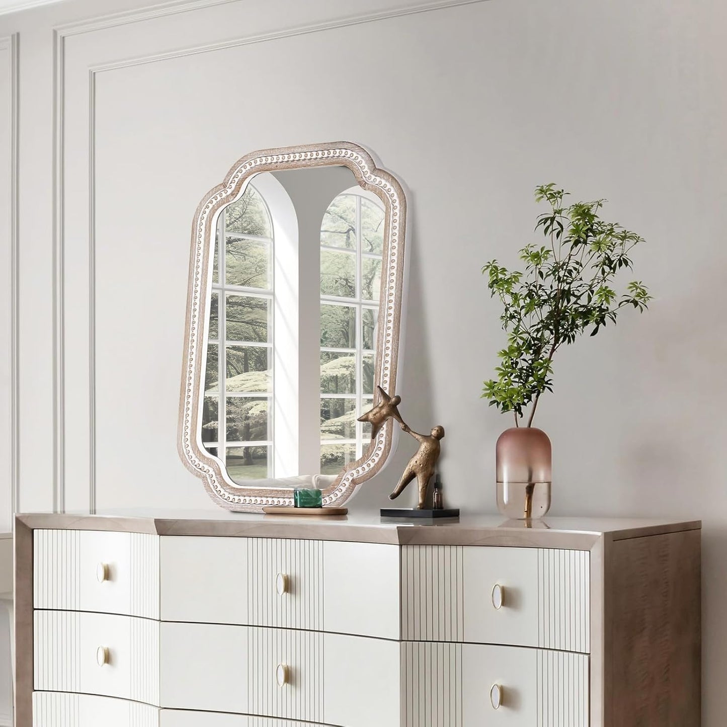 36x24'' Boho Decorative Wall Mirrors with Beaded, Wooden Scalloped Bathroom Mirrors for Over Sink, Farmhouse Style for Bedroom, Living Room, Entryway - Vertical/Horizontal Hanging