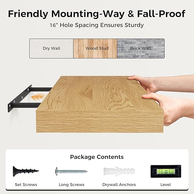 Fun Memories 55 Inch Floating Shelves, 12 Inch Deep Floating Shelf for Wall, 55 x 12 Large Floating Shelves for Fireplace Mantel, 2 Inch Thick Wall Shelf for Living Room, Bedroom, Oak Color, 1 Pack