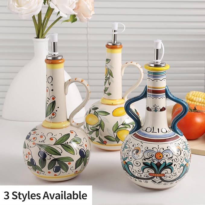Ceramic Olive Oil Dispenser Bottle 23oz with Handles, Hand Painted Multi-Use Oil Cruet & Flower Vase, Decorative Stoneware Kitchen Cruet with Stainless Steel Spout for Oils, Sauces, Vinegar (C)