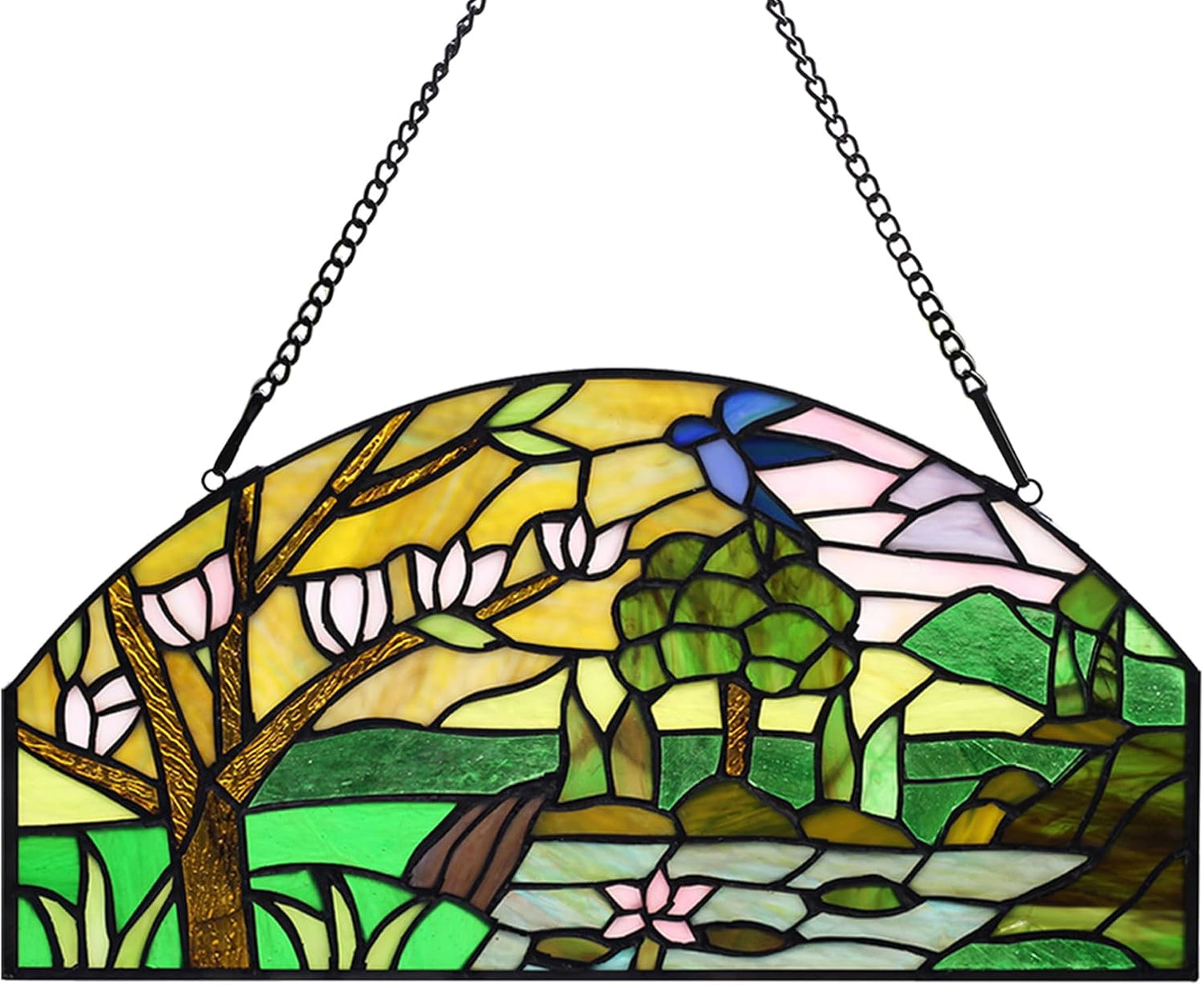 YOURANJU Half Moon Stained Glass Window Hanging Tiffany Style 16" x 8" Half-Round Window Panel Housewarming Gift Living Room Bedroom Kitchen Window Decorative Hangings with Chain (Tree)