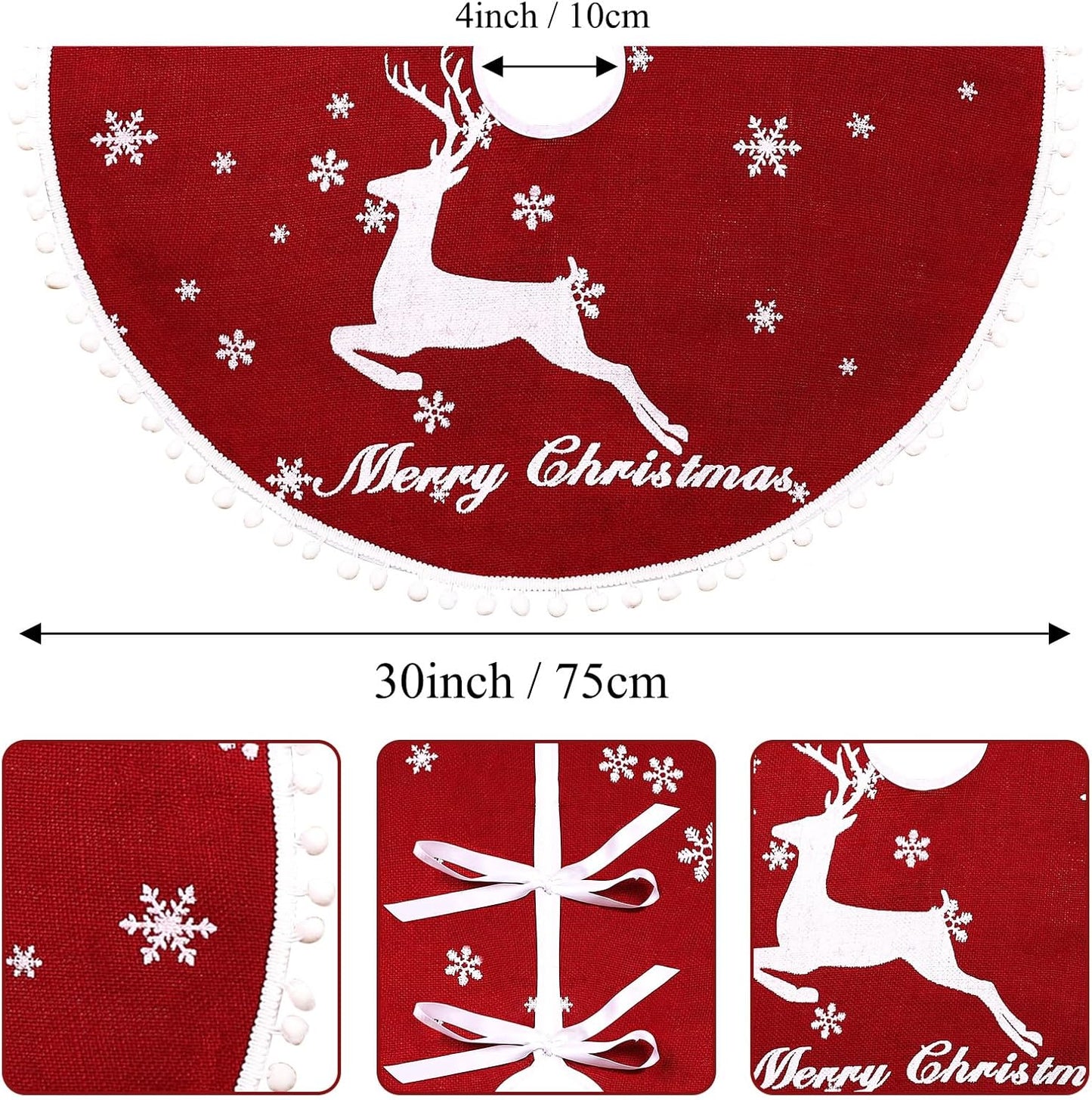 30 Inch Christmas Tree Skirt, Burlap Red Christmas Rustic Tree Skirt with Elk Deer and White Snowflake Printed for Holiday Party Xmas Tree Decoration