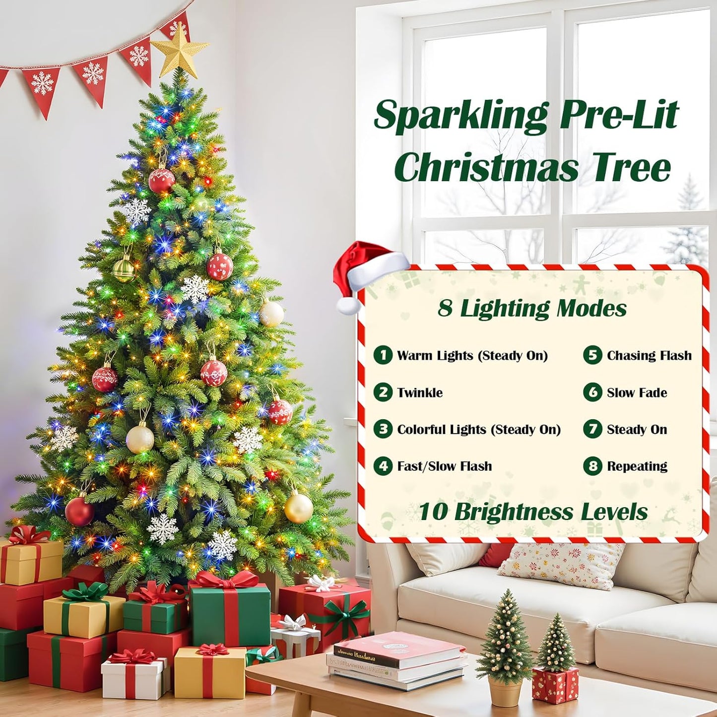9FT Pre-Lit Christmas Tree with Remote Control, Multi-Color LED Lights, Musical Rotating Christmas Tree Stand, Easy Assembly in 3 Sections, Foldable Metal Stand for Home Holiday Decor