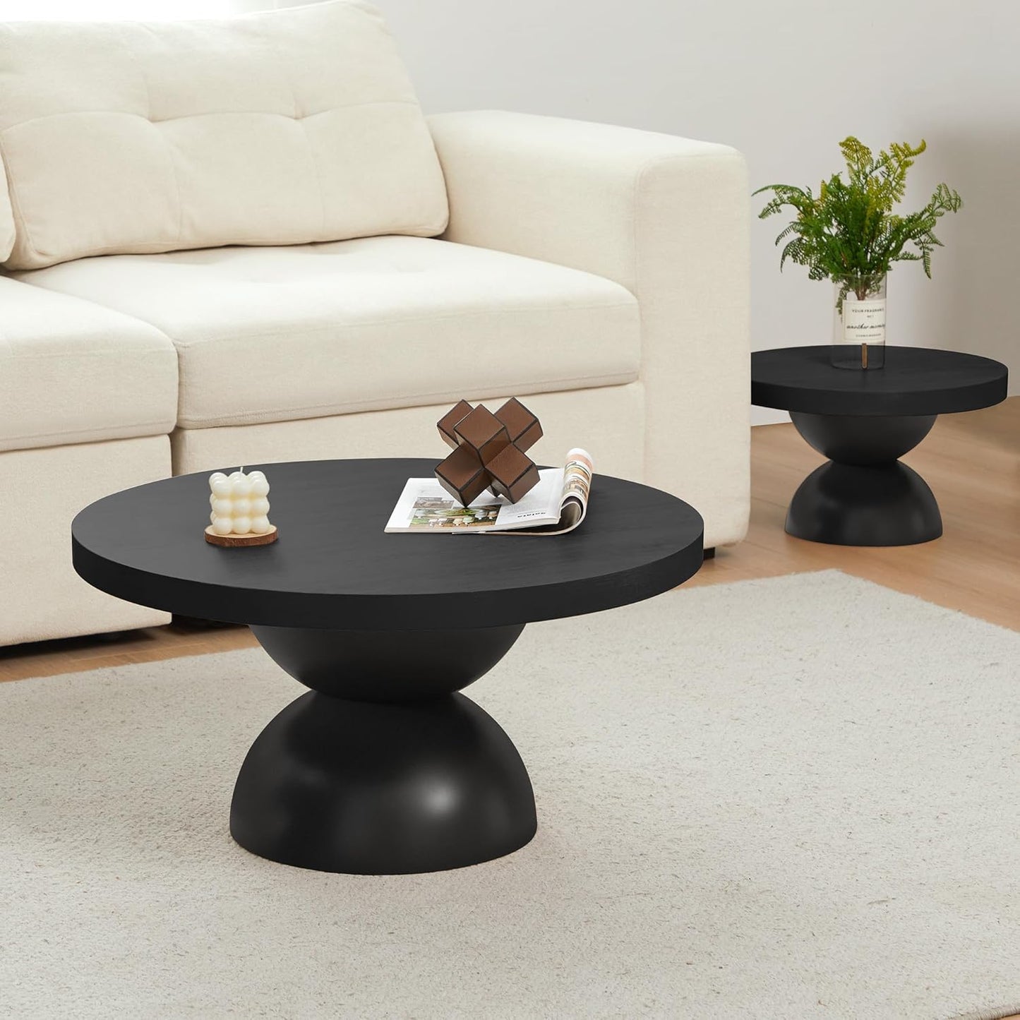 Solid Wood Round Nesting Coffee Table Set of 2, Circle Accent Tables with Unique Semi-Circular Legs, Mid Century Modern Side End Table Set for Small Space Living Room Office (Black)