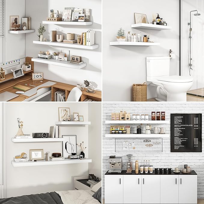 RICHFOCUS 48Inch Floating Shelves for Wall 1 Pack Shelves for Bedroom|Kitchen|Bathroom Wall Mounted Rustic Wood Floating Shelf with Invisible Brackets for Books|Storage|Decor, White