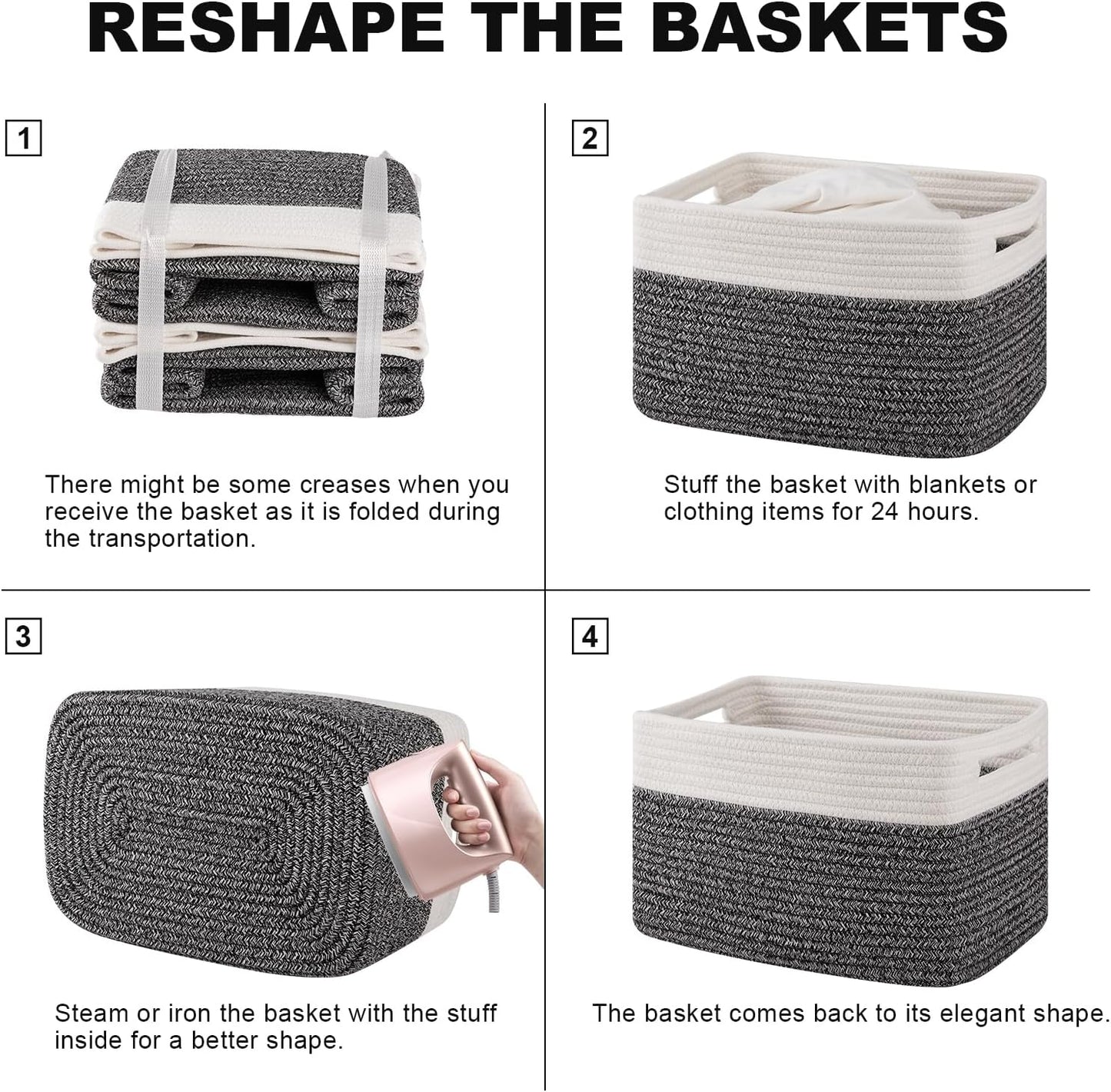 4 Pack Storage Baskets for Organizing, Woven Baskets for Shelves - Perfect for Toys, Books, Towels, and Clothes, Durable Gift Basket Bins Toy Storage, 13''Lx9''Wx7.8''H, Black & White