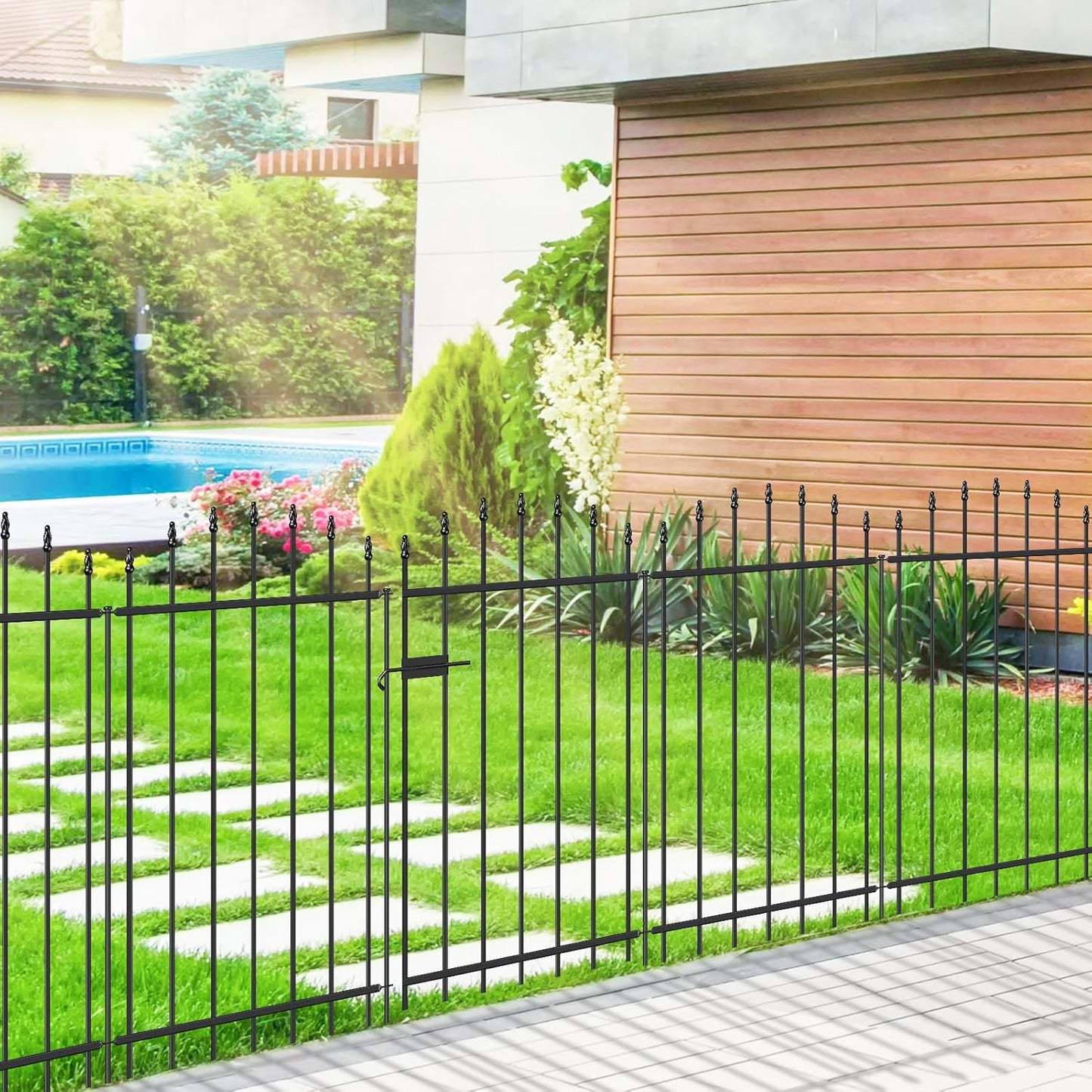 Metal Garden Fence with Gate 42 in H x 12 ft L, 1 Gate + 5 Panels Border Dog Fence Panels Animal Barrier, No Dig Garden Fencing for Yard Patio Flower Bed Lawn Outdoor, Arch Black
