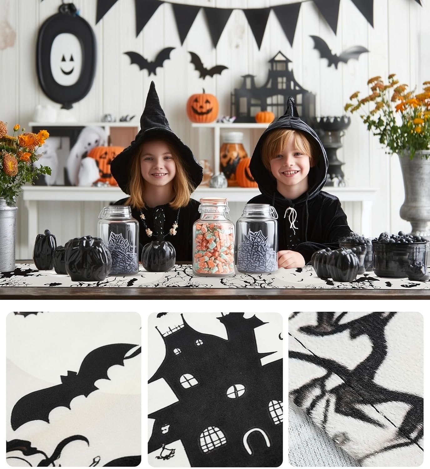 Halloween Table Runner,72 Inches Spooky Haunted House Bats Tree Ghost Witch Table Runner for Halloween, Table Decoration/Party Dinner Table Decor,Kitchen,Mantel,Bedroom Decoration