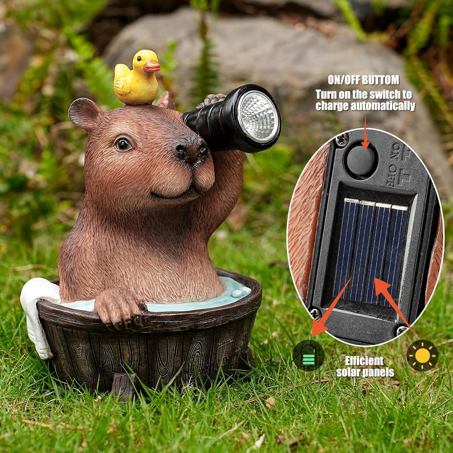 Capybara Solar Garden Statue – Funny Outdoor Resin Animal Decor with Flashlight & Duck – Waterproof Yard Lawn Ornament with LED Light – Solar Powered Figurine for Patio, Porch, Landscape