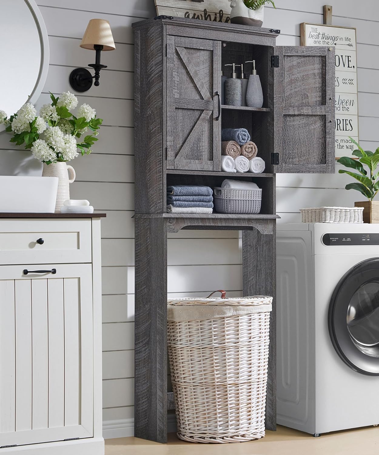 Over The Toilet Storage Cabinet, Farmhouse Bathroom Cabinet with Adjustable Shelf & Barn Door, 67" Tall Over The Toilet Shelf, Grey Wash