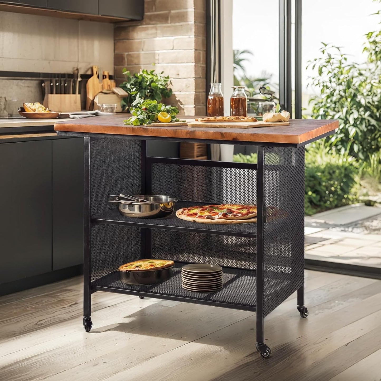 Rustic 3-Tiered Serving Cart with Casters Vintage Rolling Bar Cart for Kitchen Living Room Industrial Mobile Barbecue Cart for Outdoor&Indoor 47.2 * 19.7 * 36.6in L*W*H