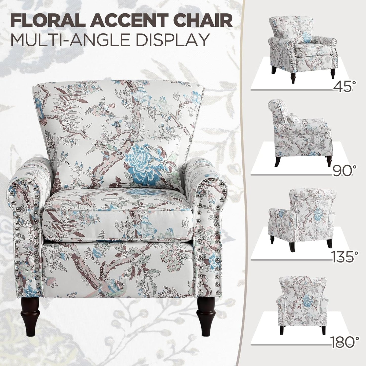 Wingback Accent Chair with Removable Pillow, High Back Floral Armchair with Solid Wood Legs & Nailhead Trim, Comfy Upholstered Reading Single Sofa Chair for Bedroom (1, Bird Floral Pattern)