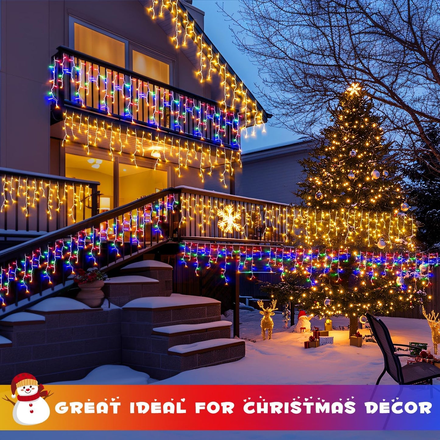 JMEXSUSS Color Changing Outdoor Waterproof Icicle Lights, 400 LED with Remote, Warm White to Multicolor for Christmas Eaves Party Decorations