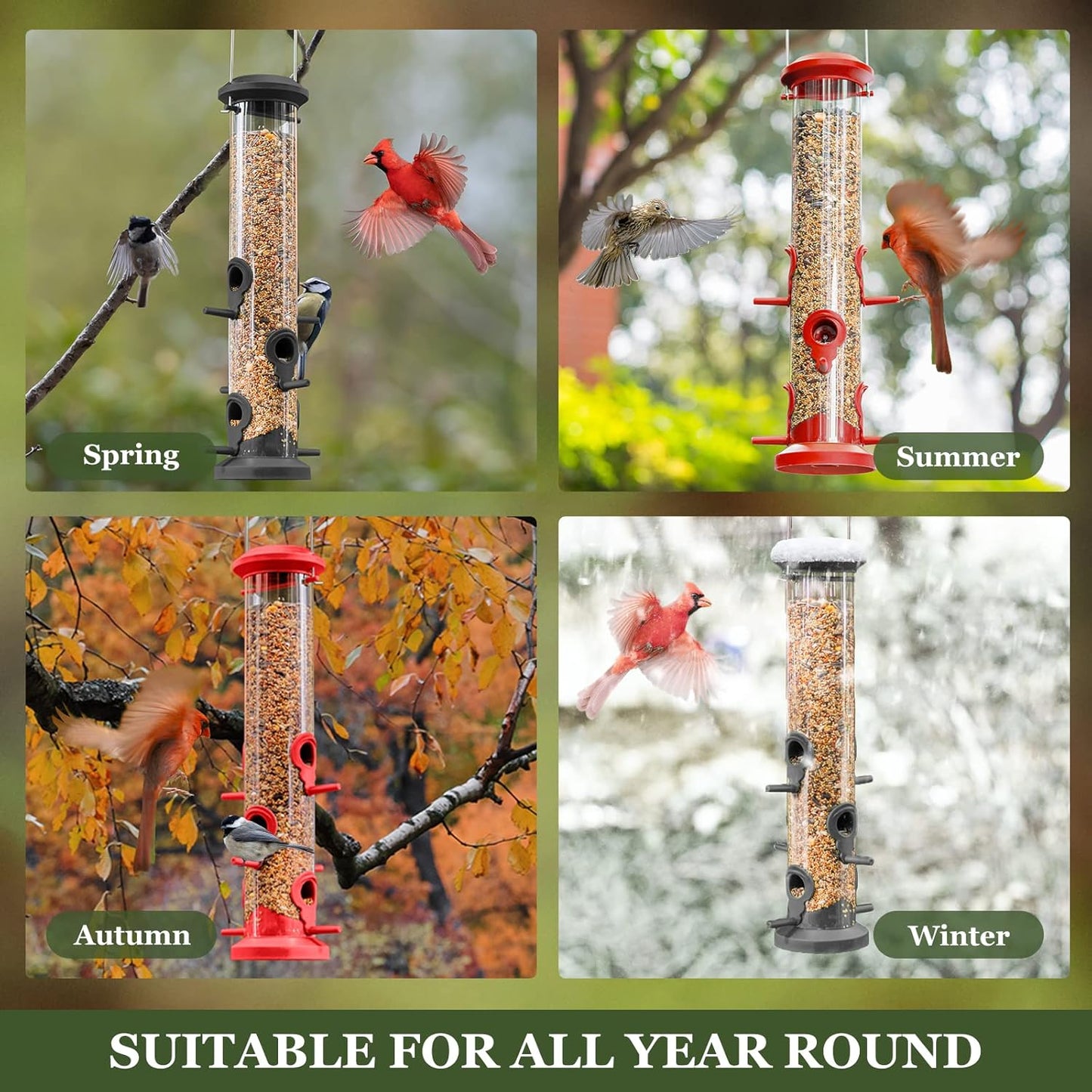 Kingsyard 2 Pack Tube Bird Feeders for Outdoors Hanging, Premium Hard Plastic Bird Feeder with 6 Feeding Ports, Weatherproof & Steel Hanger, Attracting for Wild Birds (Red)