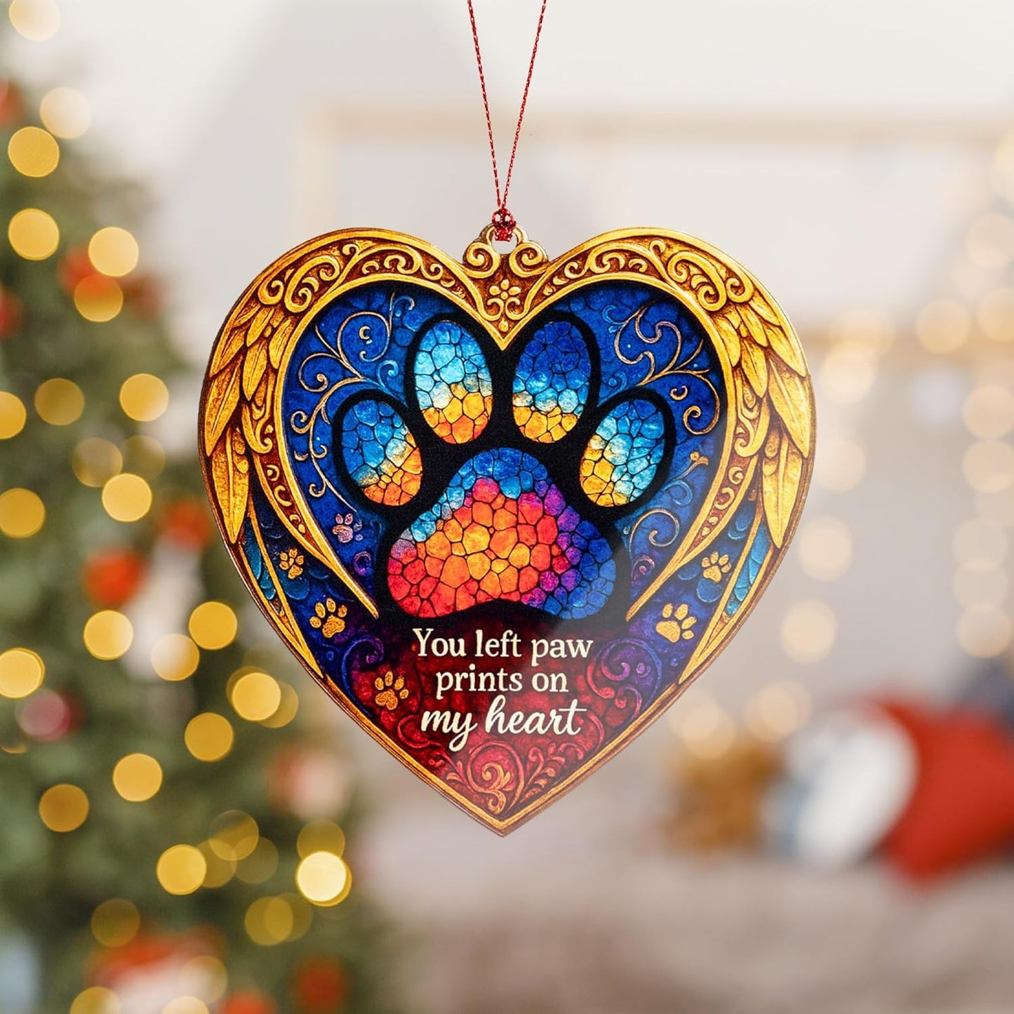 Pet Memorial Ornament – Paw Prints on My Heart | Dog Cat Loss Gift – Rainbow Bridge Keepsake – Sympathy Bereavement Christmas Tree Decoration – Car Hanging