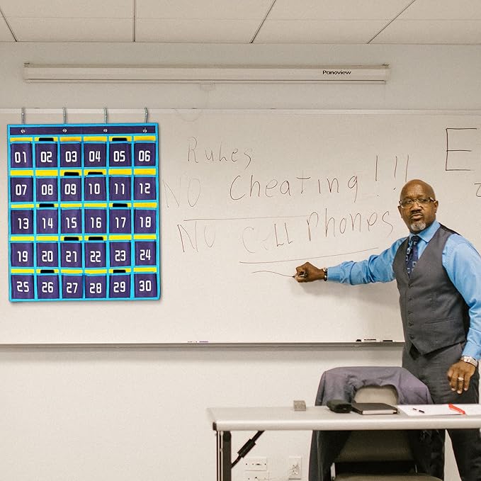 Loghot Classroom Accessories Closet Pocket Chart for Cell Phones Holder Wall Door Hanging Organizer (30 Pockets Blue)