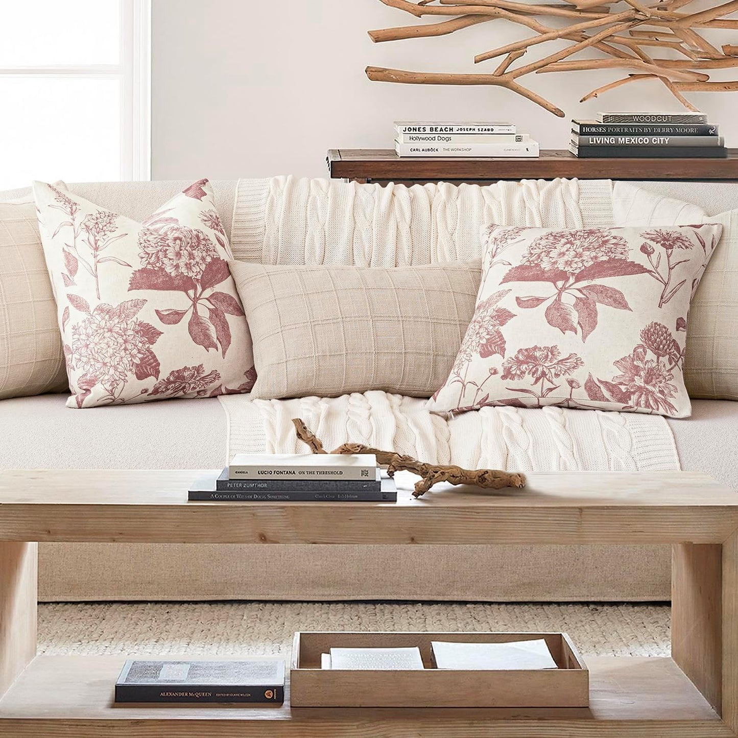 Foindtower Set of 2 Linen Floral Throw Pillow Covers Vintage Accent Print Decorative Cushion Covers Farmhouse Boho Home Decor for Sofa Chair Couch Bedroom Living Room Outdoor,18×18 Inch,Dark Pink