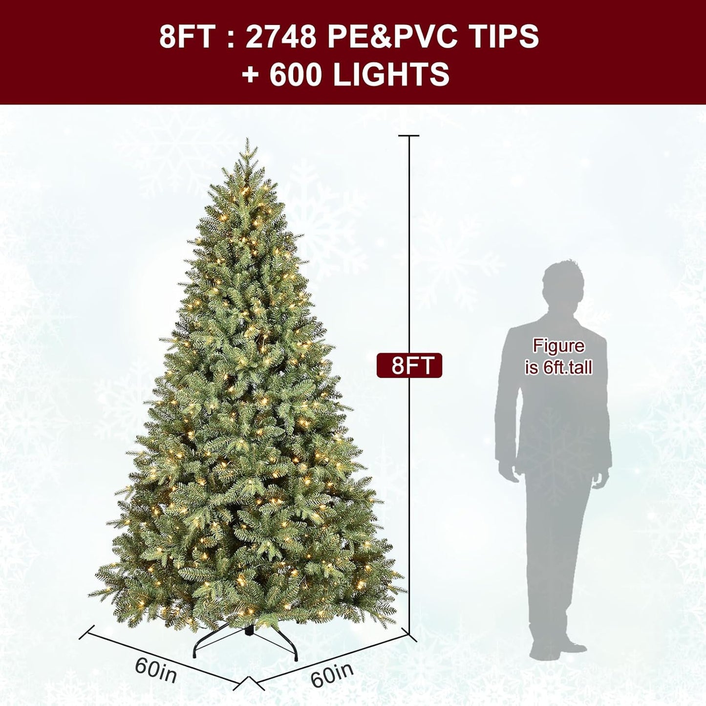 8FT Pre-Lit Artificial Christmas Tree with 2748 PE&PVC Mixed Branch Tips, 600 Warm White Lights, Hinged Premium Spruce Fake Xmas Trees, Green, Foldable Base