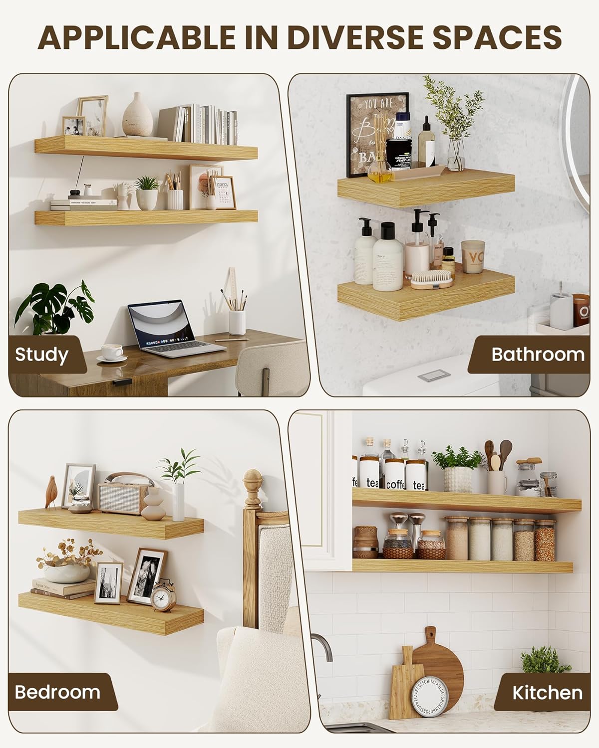 Marsmiles 31.5" Floating Shelves for Wall, Wooden Shelves with Invisible Brackets Set of 2, Rustic Farmhouse Wall Mounted Shelf for Kitchen Bathroom Living Room Study, Natural Oak