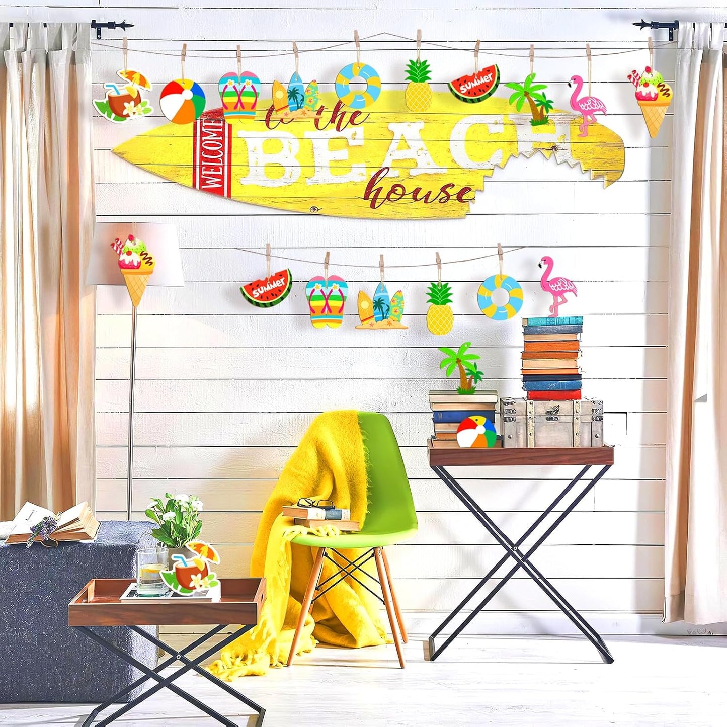 80PCS Wooden Summer Ornaments to Paint, 10 Styles DIY Blank Unfinished Wood Beach Cutouts Ornament for Crafts Hanging Decorations, Watermelon Surfboard Slippers Coconut Tree Home Decorations Gifts