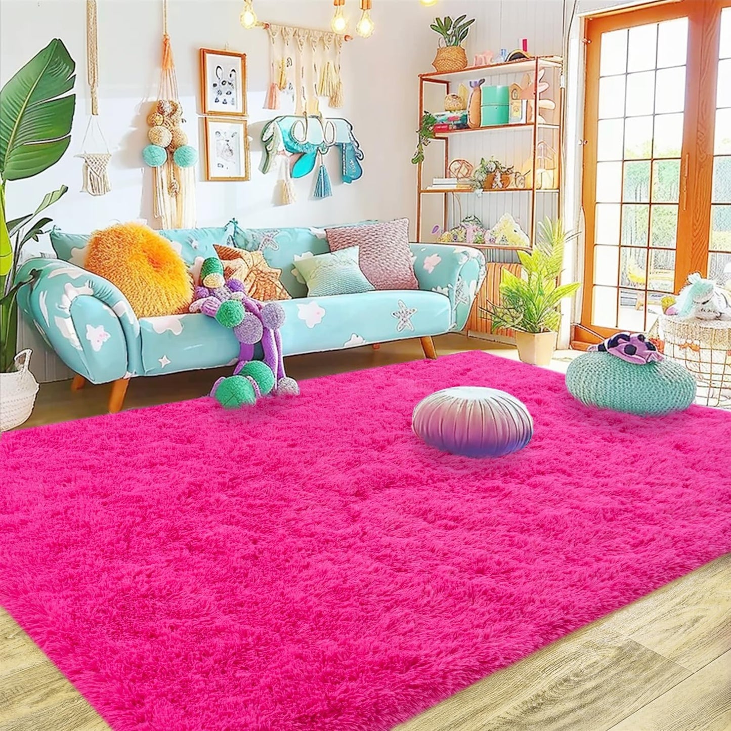 Rezutan Soft Fluffy Rug for Living Room Bedroom, Large Comfy Modern Shaggy Fuzzy Kids, Plush Indoor Nursery Classroom Home Decor Bedside Rug with Non-Slip Bottom, Hot Pink, 5X7 Feet
