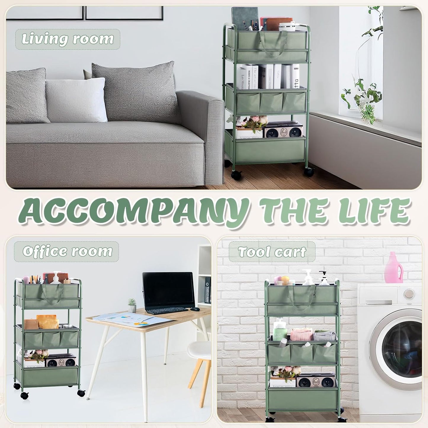 Honeydak 2in1 Baby Diaper Caddy Organizer Cart 3 Tier Large Capacity Metal Utility Bedside Rolling Cart with Divider for Newborn Nursery Essential Must Have for Crib Bedroom Baby Shower(Green)