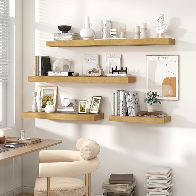 Heimlove 48" Floating Shelves for Wall,10 Deep Rustic Wood Storage Wall Shelves with Heavy Duty Brackets for Bathroom,Bedroom,Kitchen,Living Room,Office,Set of 2,Oak Color