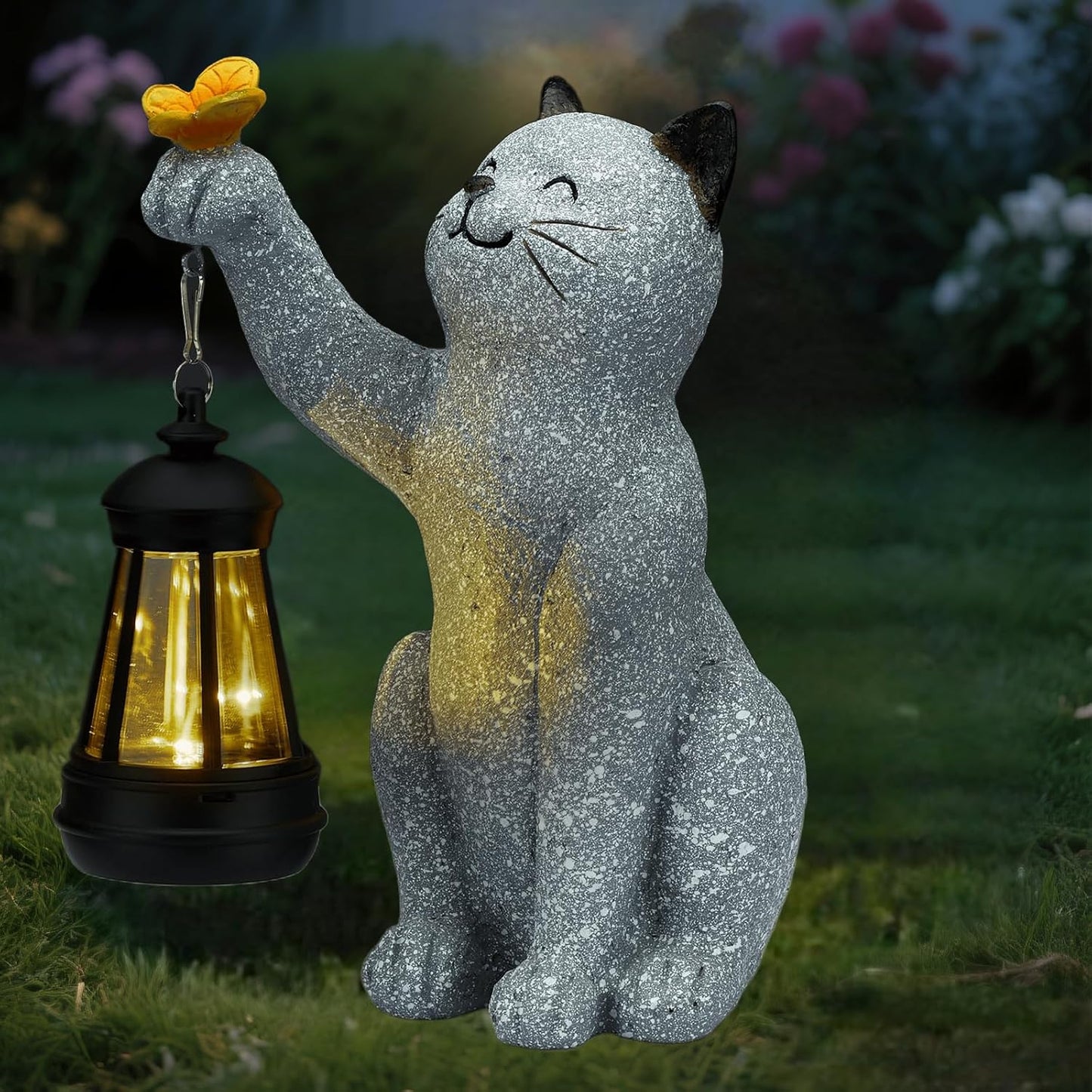 Solar Cat Garden Statue Outdoor Decor, Cat Sculpture with Lantern and Butterfly for Yard Lawn Patio Balcony, Birthday Housewarming Gifts for Mom, Grandma, Women, 9.4 inch, Resin