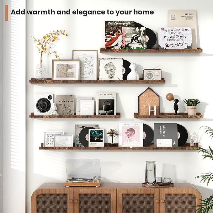 Fun Memories Picture Ledge Shelves Set of 2, 36 Inch Rustic Wall Mounted Floating Shelves with Lip for Home Storage and Décor in Bathroom, Kitchen, Nursery, Bedroom, Living Room, Brown