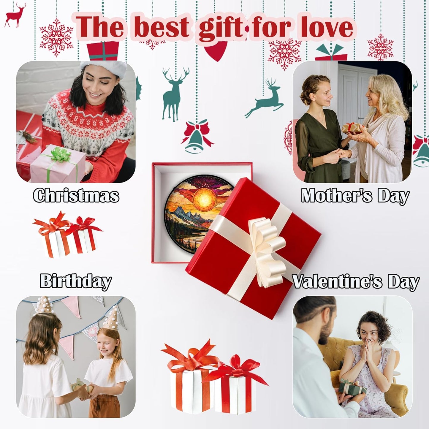 Stained Glass Window Hanging, Dusk Sunset Landscape Sun Catchers Glass Panel Lakes and Mountains Suncatcher Decor for Birthday for Women, Men, Wife, Aunt, and Mom 11.8x11.8 in