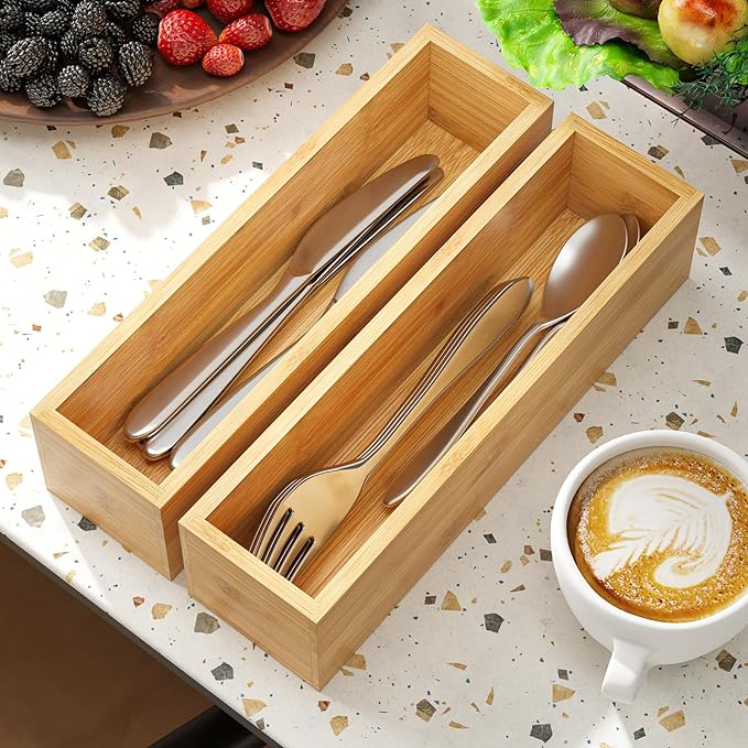 BAMEOS Kitchen Drawer Organizer,Small Silverware Drawer Organizer,Bamboo Utensil Organizer for Bathroom, Dressing Room, Office, Pantry (Natural, 11"x 3") Set of 2
