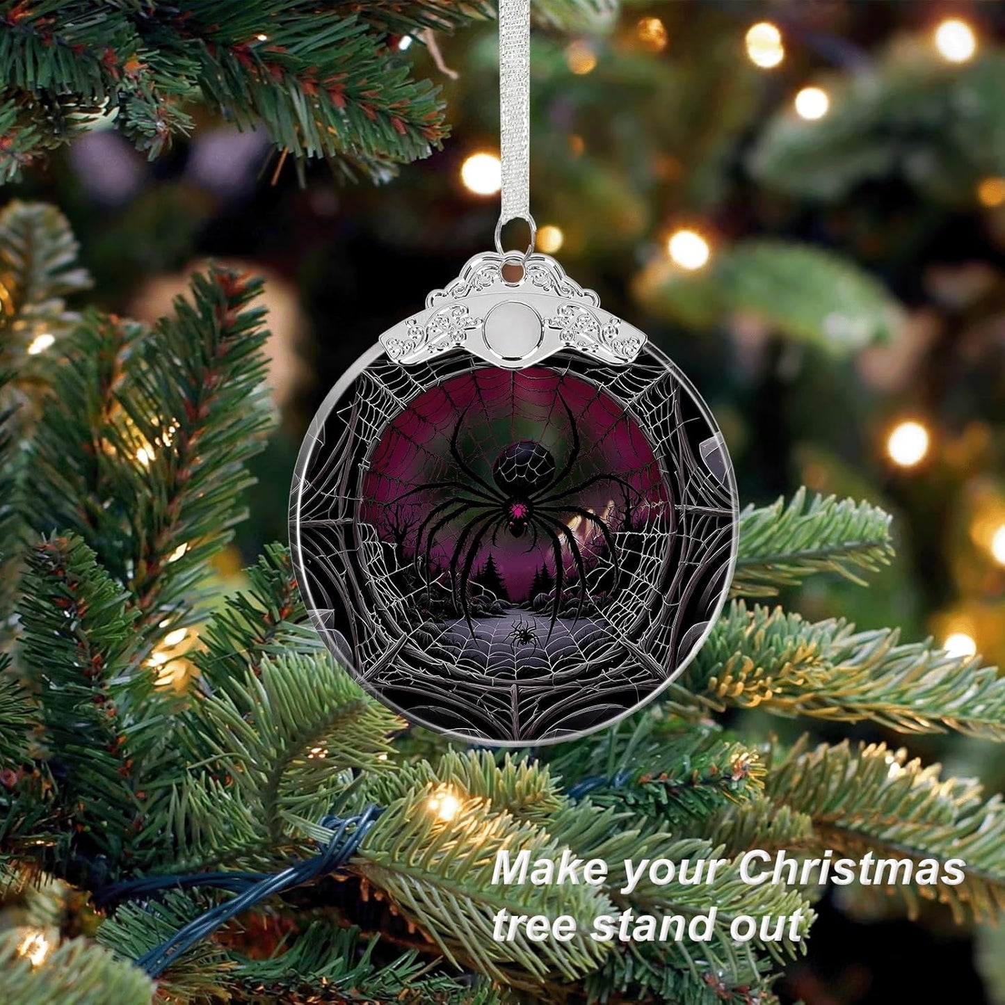 Mutant Spider Under Moonlight Halloween Christmas Tree Stained Glass Ornament - Hanging Ornaments for Christmas Tree Decorations - Holiday Keepsake Present Exchange Idea