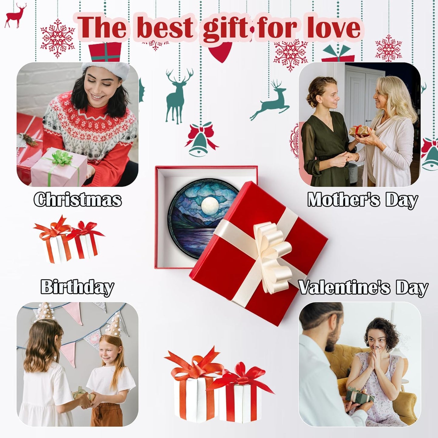 Stained Glass Window Hanging, Blue Night Moon Lake Sun Catchers Colorful Glass Panel Landscape Suncatcher Decor for Birthday for Women, Men, Wife, Aunt, and Mom 9.8 in